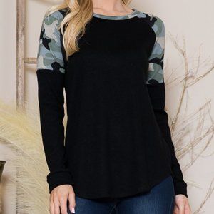 Long Sleeve Knit Top with Camo Contrast NWT